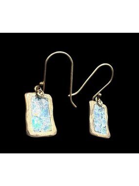Ancient Roman Glass Sterling Silver Earrings Rectangle Dangle Drop Pierced